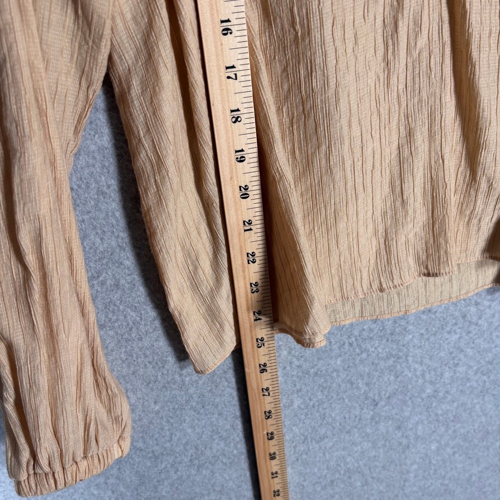 Worthington‎ Lace Up Blouse Large Tan Textured Balloon Sleeve Semi Sheer Neutral - Picture 6 of 11